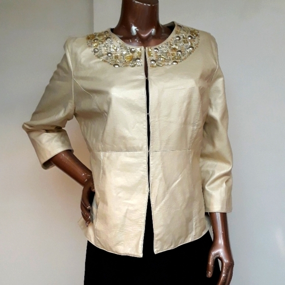 Heart of Palms Jackets & Blazers - Elegant Metallic Gold Beaded Faux LeatherJacket